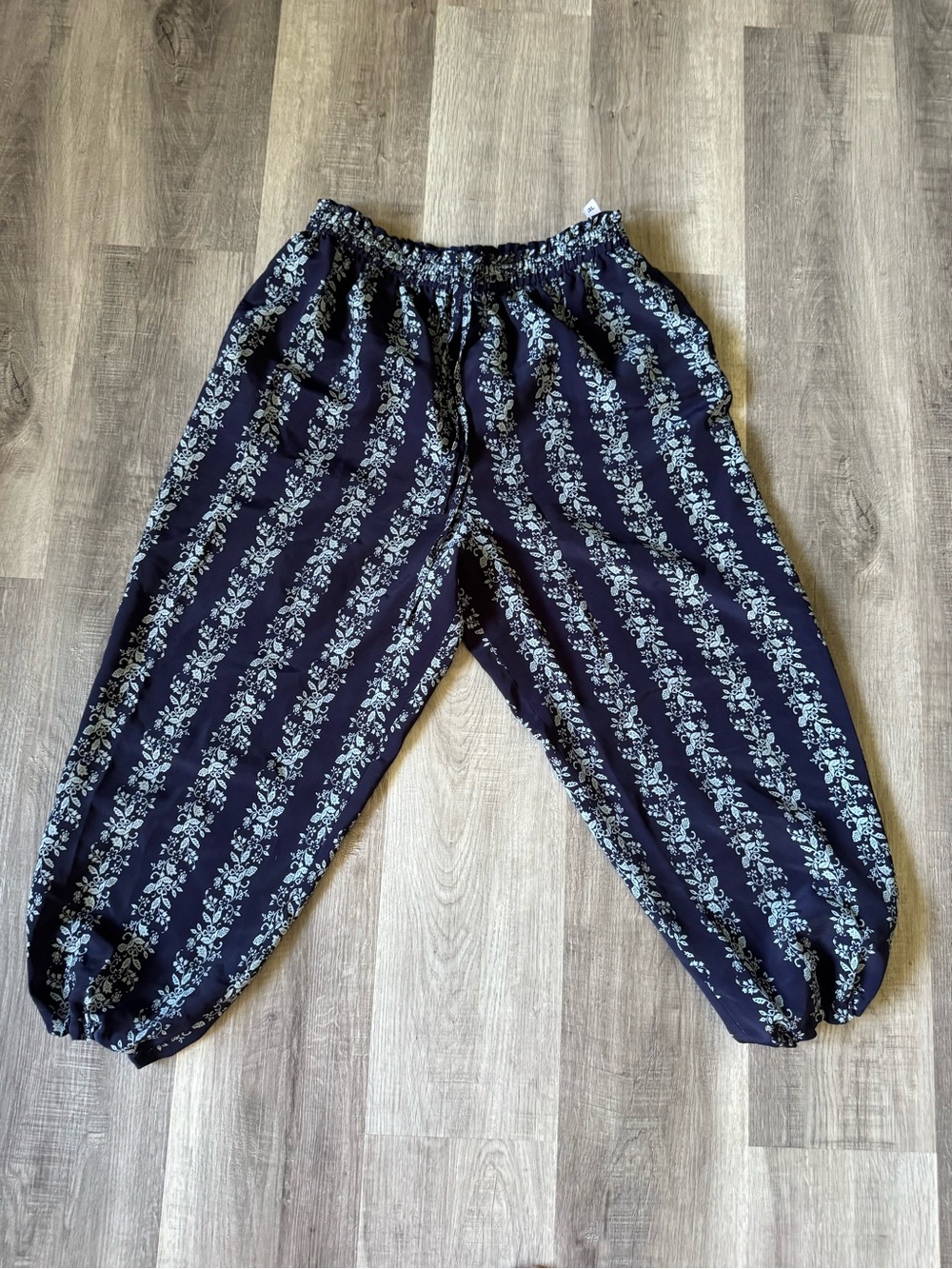 Floral Wide Leg Harem Balloon Pants XL Navy Boho Elastic Waist Drawstring
